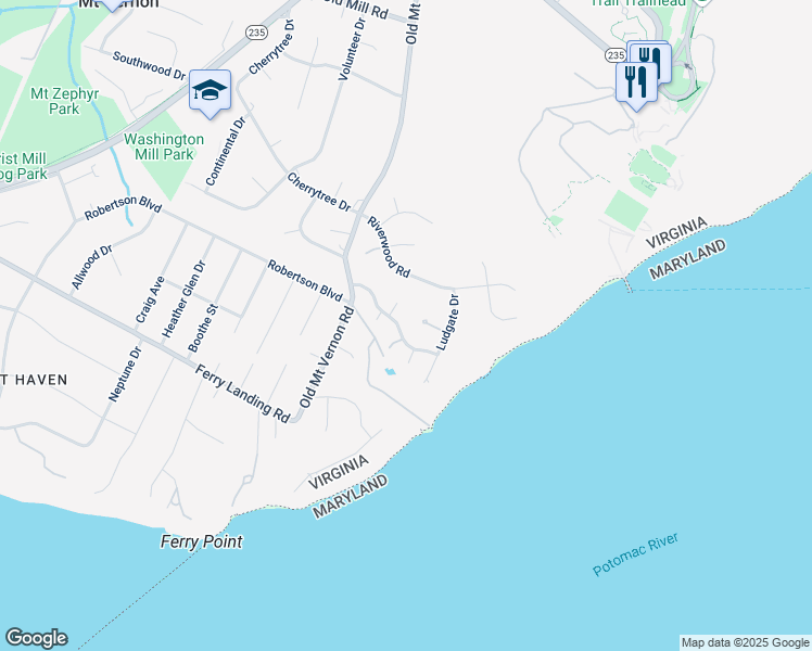 map of restaurants, bars, coffee shops, grocery stores, and more near 3712 Washington Woods Drive in Alexandria