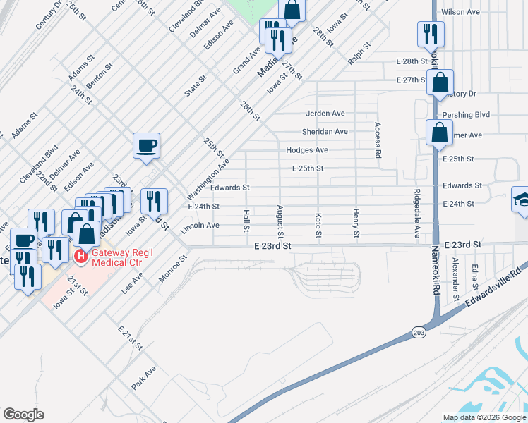 map of restaurants, bars, coffee shops, grocery stores, and more near 2304 Edwards Street in Granite City