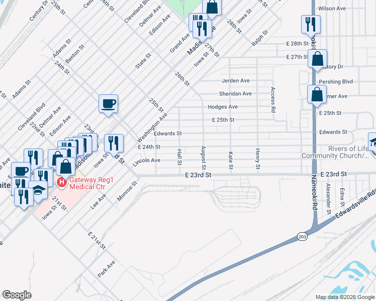 map of restaurants, bars, coffee shops, grocery stores, and more near 2304 Edwards Street in Granite City