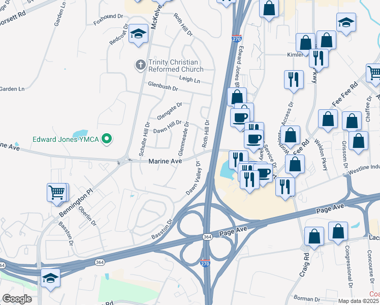 map of restaurants, bars, coffee shops, grocery stores, and more near 1256 Dawn Valley Drive in Maryland Heights