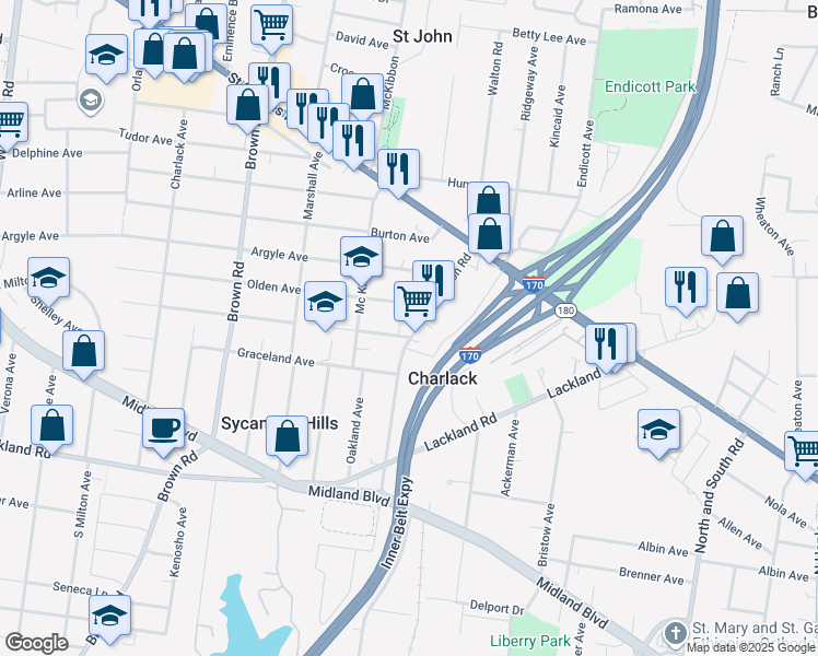 map of restaurants, bars, coffee shops, grocery stores, and more near 8618 Olden Avenue in Saint Louis