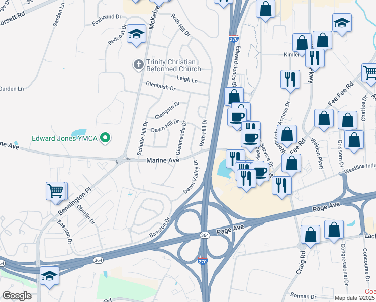 map of restaurants, bars, coffee shops, grocery stores, and more near 1256 Dawn Valley Drive in Maryland Heights
