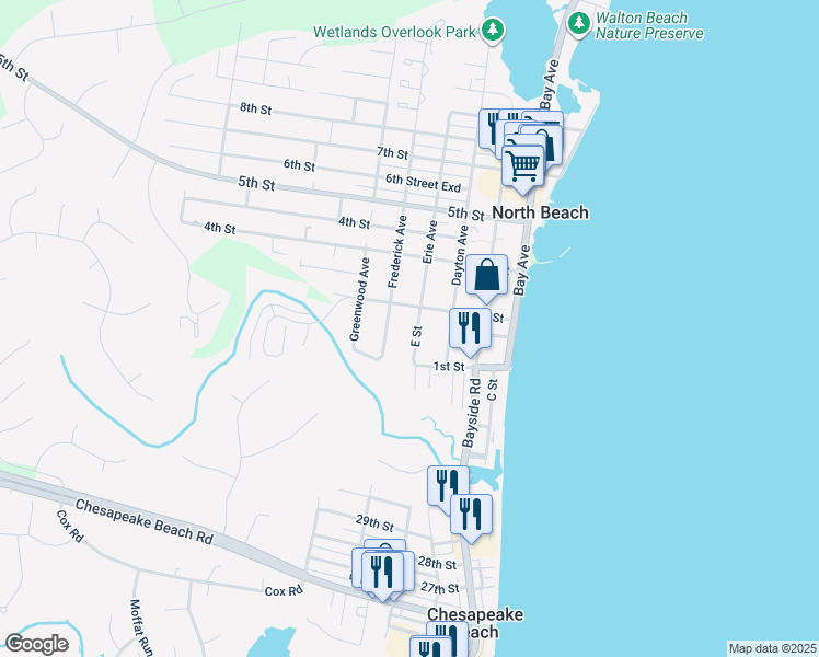 map of restaurants, bars, coffee shops, grocery stores, and more near 8828 Erie Avenue in North Beach