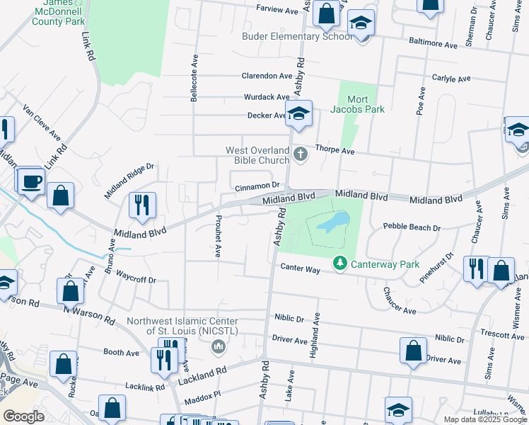 map of restaurants, bars, coffee shops, grocery stores, and more near 10523 Emerald Ridge Avenue in Saint Louis