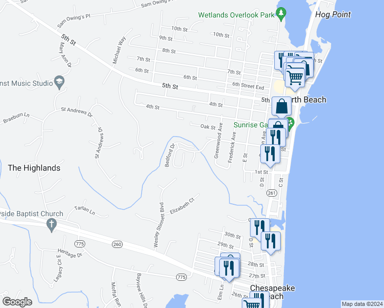 map of restaurants, bars, coffee shops, grocery stores, and more near 8820 Buckingham Court in North Beach