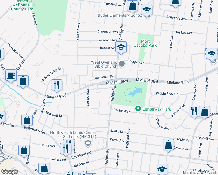 map of restaurants, bars, coffee shops, grocery stores, and more near 10515 Emerald Ridge Avenue in Saint Louis