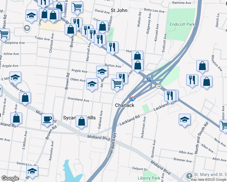 map of restaurants, bars, coffee shops, grocery stores, and more near 8618 Olden Avenue in St. Louis