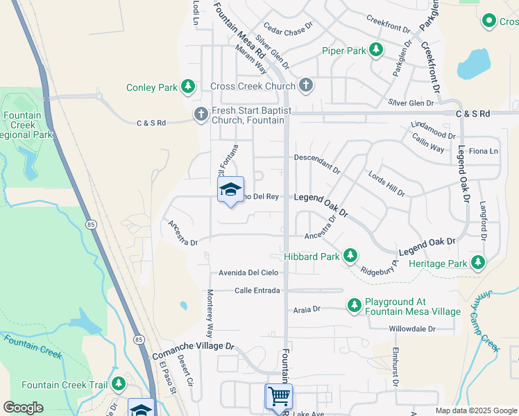 map of restaurants, bars, coffee shops, grocery stores, and more near 1998 El Camino Meseta in Fountain