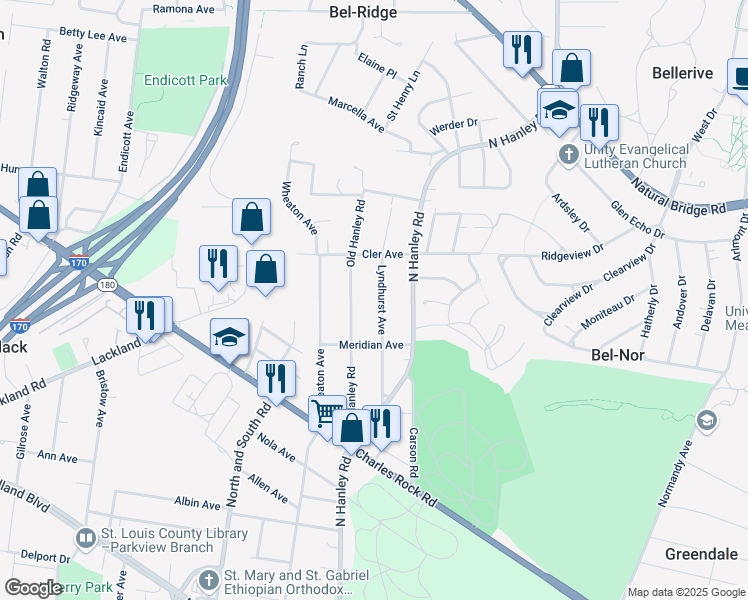 map of restaurants, bars, coffee shops, grocery stores, and more near 2839 Lyndhurst Avenue in St. Louis
