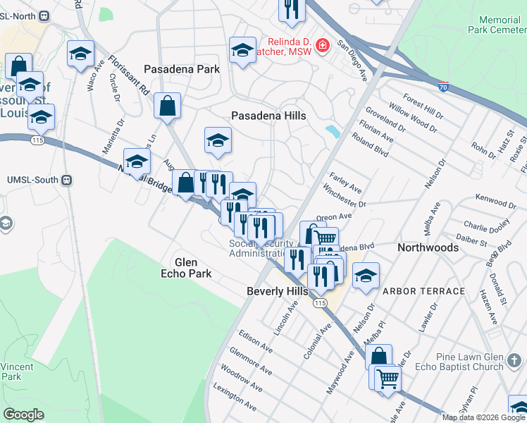 map of restaurants, bars, coffee shops, grocery stores, and more near 7284 South Bristol Drive in St. Louis