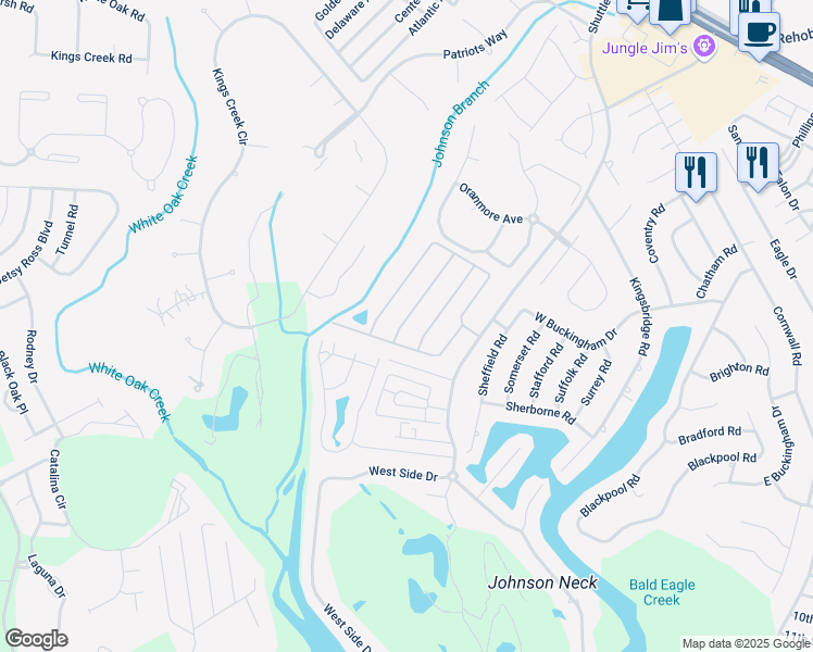 map of restaurants, bars, coffee shops, grocery stores, and more near 13 Baybreeze Road in Rehoboth Beach