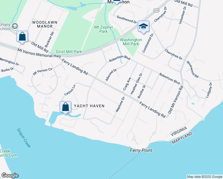 map of restaurants, bars, coffee shops, grocery stores, and more near 4323 Ferry Landing Road in Alexandria