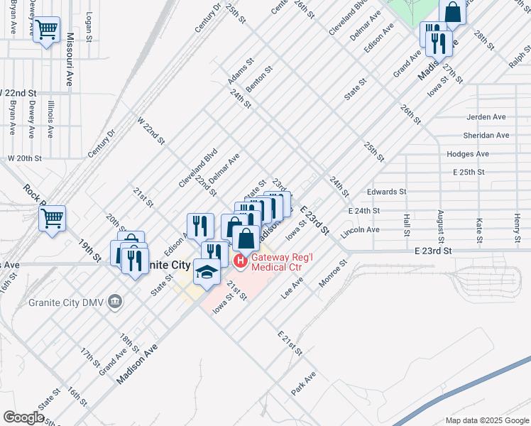map of restaurants, bars, coffee shops, grocery stores, and more near 2237 Grand Avenue in Granite City
