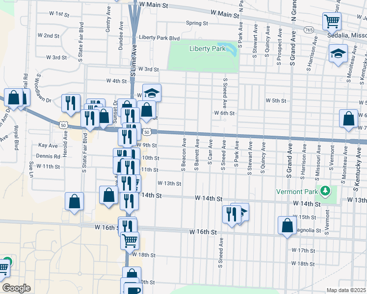 map of restaurants, bars, coffee shops, grocery stores, and more near 898 S Beacon Ave in Sedalia