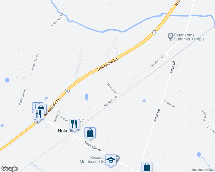 map of restaurants, bars, coffee shops, grocery stores, and more near 11734 Skylark Drive in Nokesville