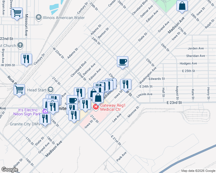 map of restaurants, bars, coffee shops, grocery stores, and more near 2237 Grand Avenue in Granite City
