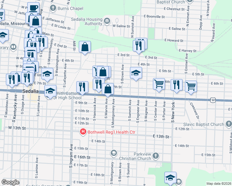 map of restaurants, bars, coffee shops, grocery stores, and more near 922 East 7th Street in Sedalia