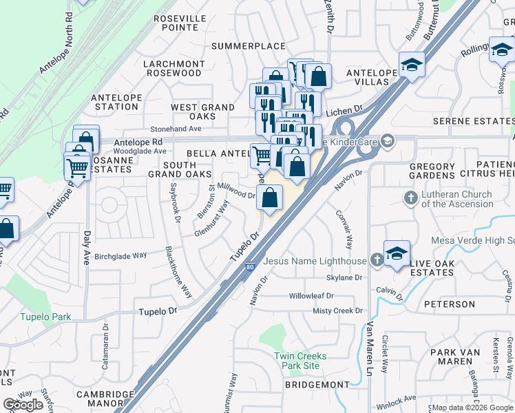 map of restaurants, bars, coffee shops, grocery stores, and more near 6385 Tupelo Drive in Citrus Heights