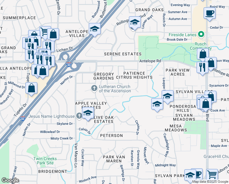 map of restaurants, bars, coffee shops, grocery stores, and more near 7028 Amsterdam Avenue in Citrus Heights