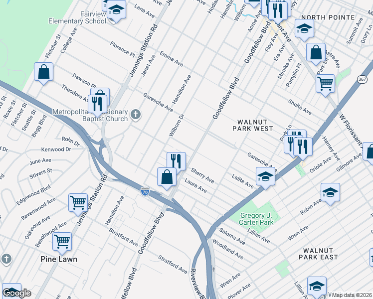 map of restaurants, bars, coffee shops, grocery stores, and more near 6325 Lalite Avenue in St. Louis