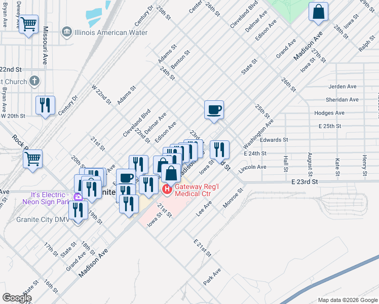 map of restaurants, bars, coffee shops, grocery stores, and more near 2237 Grand Avenue in Granite City