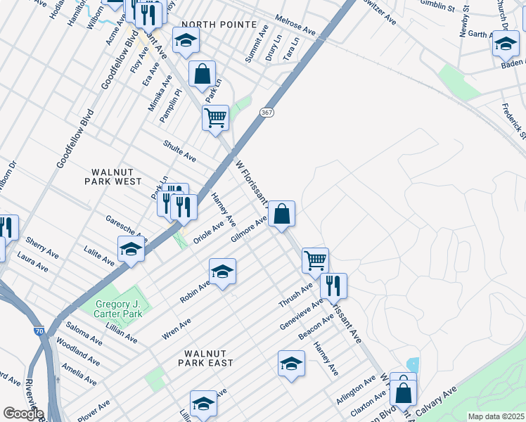 map of restaurants, bars, coffee shops, grocery stores, and more near 5776 West Florissant Avenue in St. Louis