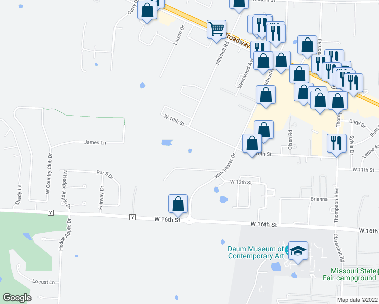 map of restaurants, bars, coffee shops, grocery stores, and more near 842 Mitchell Road in Sedalia