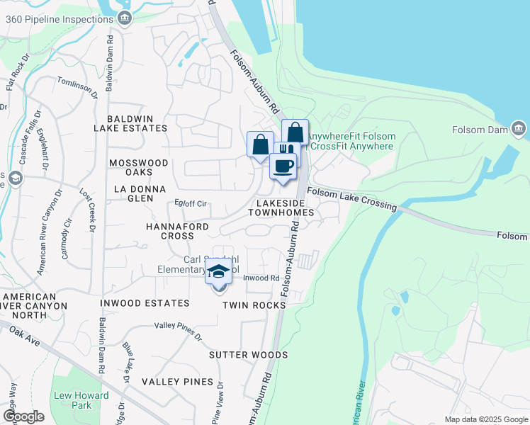 map of restaurants, bars, coffee shops, grocery stores, and more near 136 Pierpoint Circle in Folsom