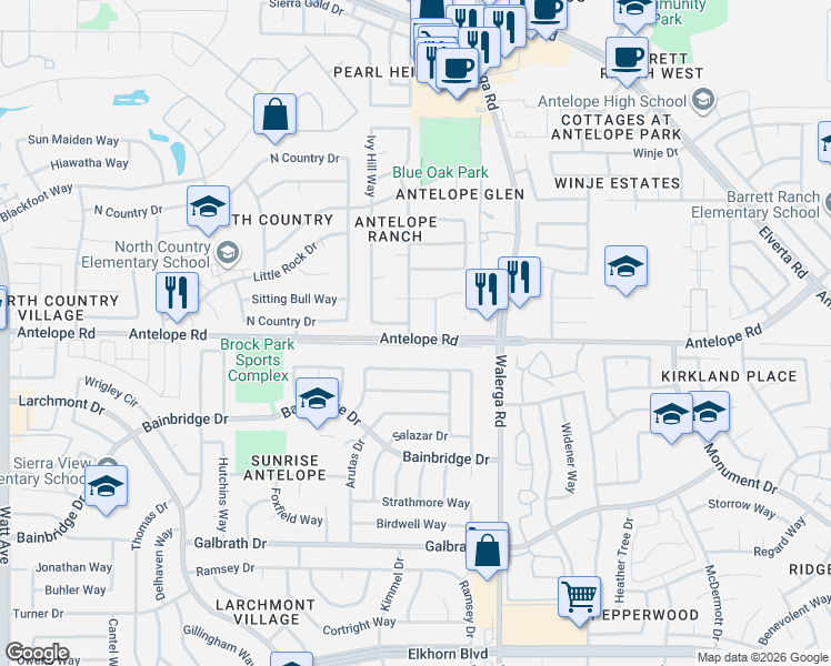 map of restaurants, bars, coffee shops, grocery stores, and more near 7600 Antelope Hills Drive in Antelope