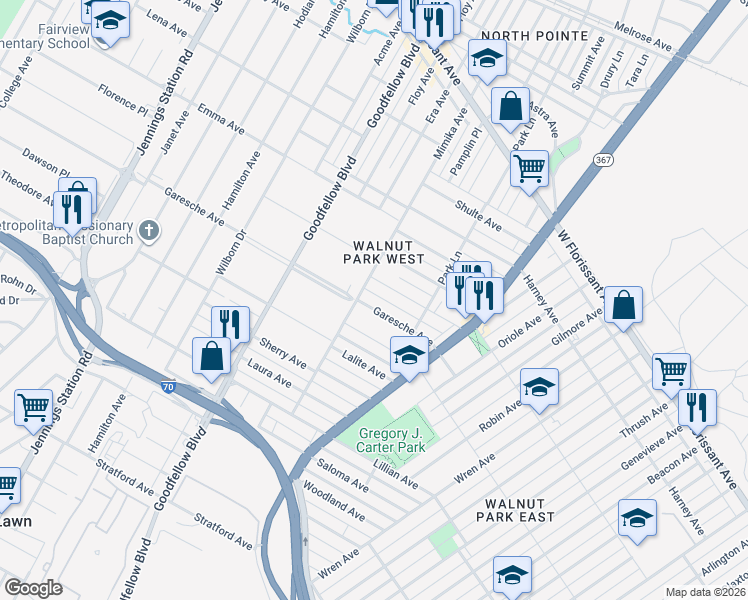 map of restaurants, bars, coffee shops, grocery stores, and more near 6048 Thekla Avenue in St. Louis