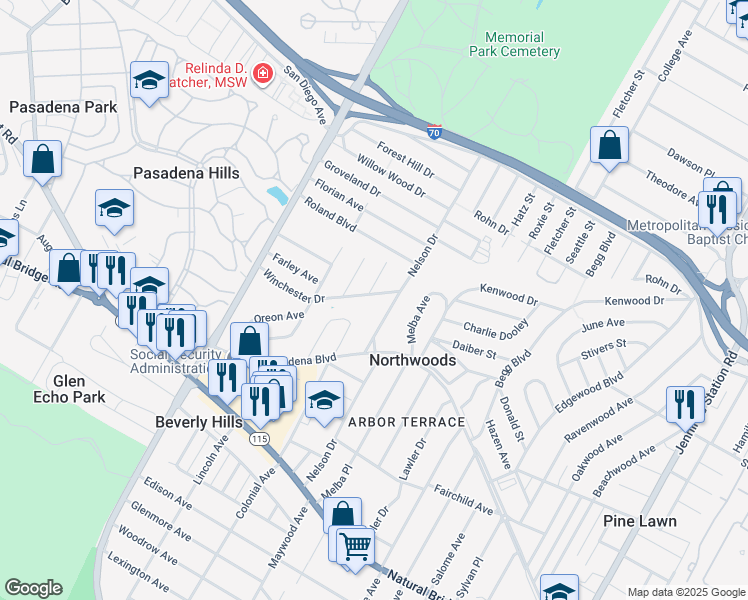 map of restaurants, bars, coffee shops, grocery stores, and more near 6910 Winchester Drive in St. Louis