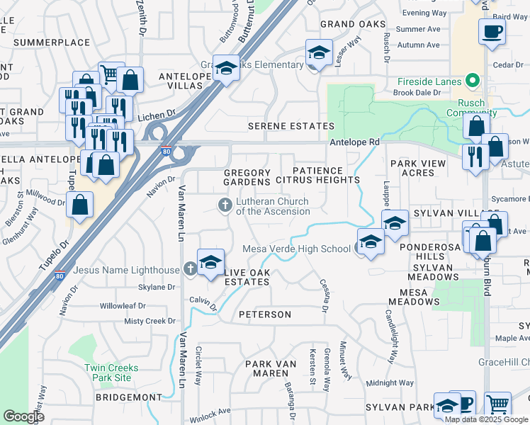 map of restaurants, bars, coffee shops, grocery stores, and more near 7023 Amsterdam Avenue in Citrus Heights