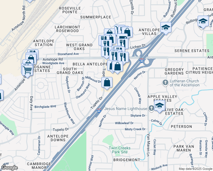 map of restaurants, bars, coffee shops, grocery stores, and more near 6397 Tupelo Drive in Citrus Heights