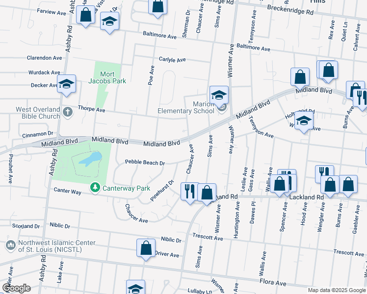 map of restaurants, bars, coffee shops, grocery stores, and more near 10008 Midland Boulevard in Overland