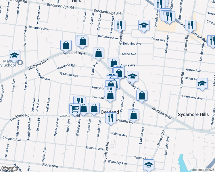 map of restaurants, bars, coffee shops, grocery stores, and more near 9421 Tennyson Avenue in Overland