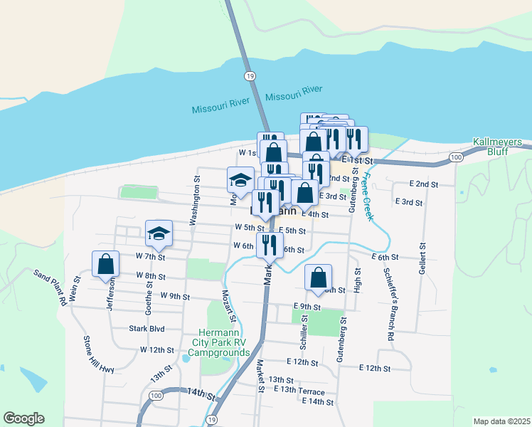 map of restaurants, bars, coffee shops, grocery stores, and more near in Hermann