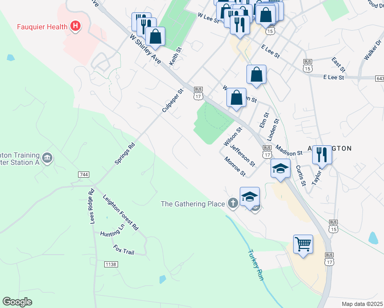 map of restaurants, bars, coffee shops, grocery stores, and more near 120 Brookshire Drive in Warrenton