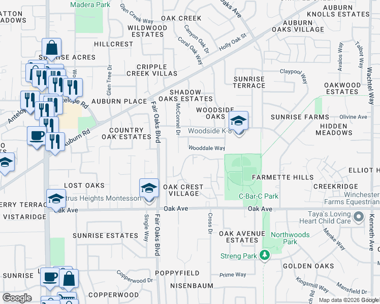 map of restaurants, bars, coffee shops, grocery stores, and more near 7516 Wooddale Way in Citrus Heights