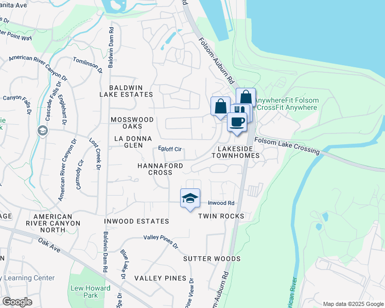 map of restaurants, bars, coffee shops, grocery stores, and more near 103 Hannaford Court in Folsom