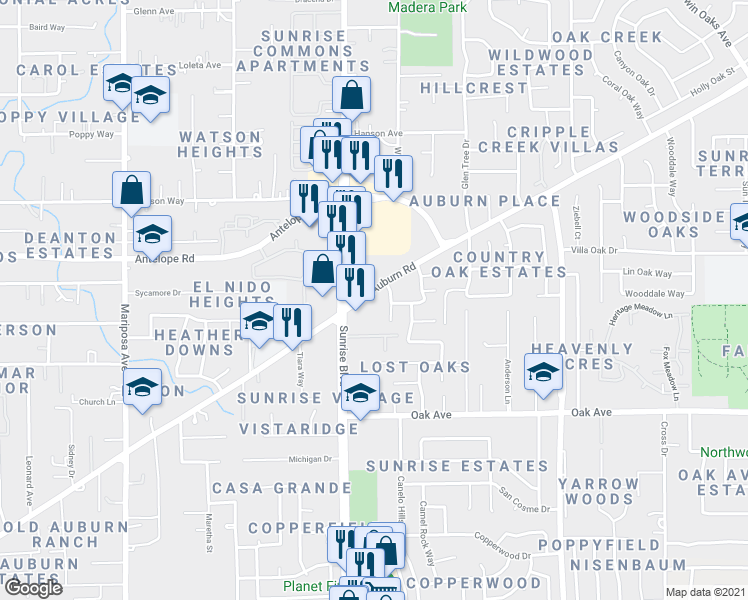 map of restaurants, bars, coffee shops, grocery stores, and more near 7932 Old Auburn Road in Citrus Heights