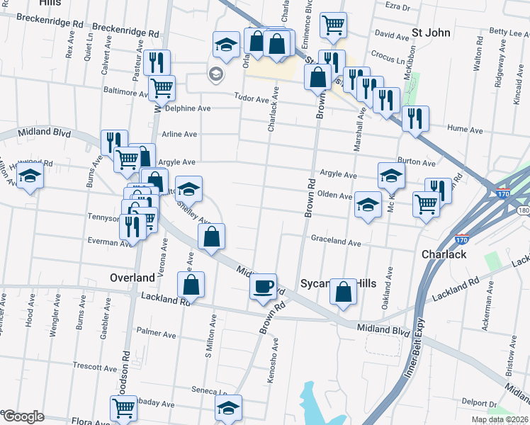 map of restaurants, bars, coffee shops, grocery stores, and more near 8963 Forest Avenue in Overland