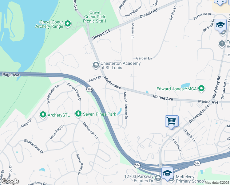 map of restaurants, bars, coffee shops, grocery stores, and more near 2144 Riding Spur Drive in St. Louis