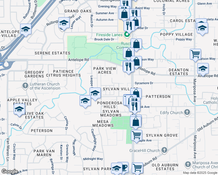 map of restaurants, bars, coffee shops, grocery stores, and more near 77242 Lauppe Lane in Citrus Heights