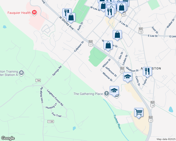 map of restaurants, bars, coffee shops, grocery stores, and more near 120 Brookshire Drive in Warrenton