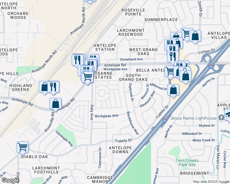 map of restaurants, bars, coffee shops, grocery stores, and more near 7544 Scaup Lane in Citrus Heights