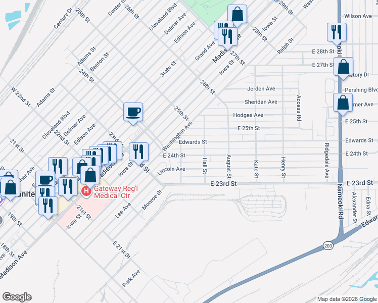 map of restaurants, bars, coffee shops, grocery stores, and more near 2216 Edwards Street in Granite City
