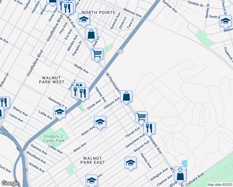 map of restaurants, bars, coffee shops, grocery stores, and more near 5780 West Florissant Avenue in St. Louis