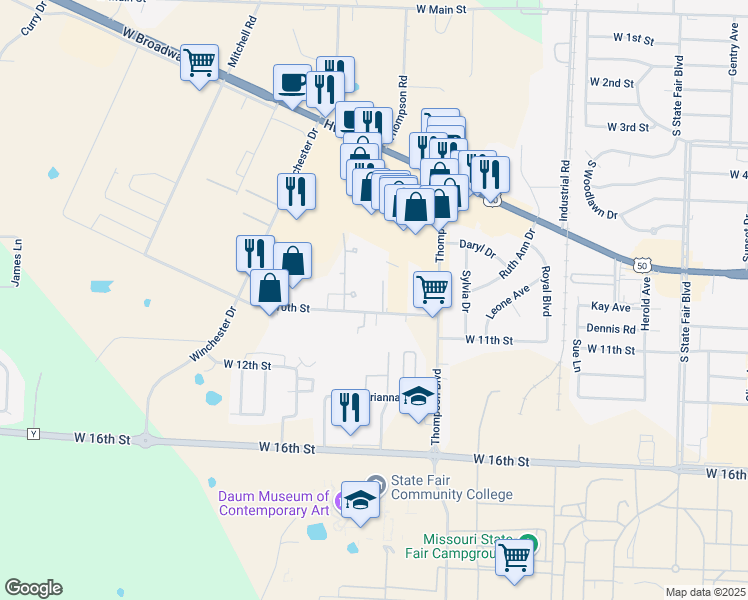 map of restaurants, bars, coffee shops, grocery stores, and more near 3132 West 10th Street in Sedalia