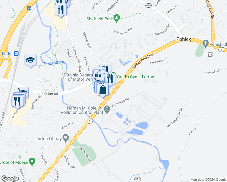 map of restaurants, bars, coffee shops, grocery stores, and more near in Lorton