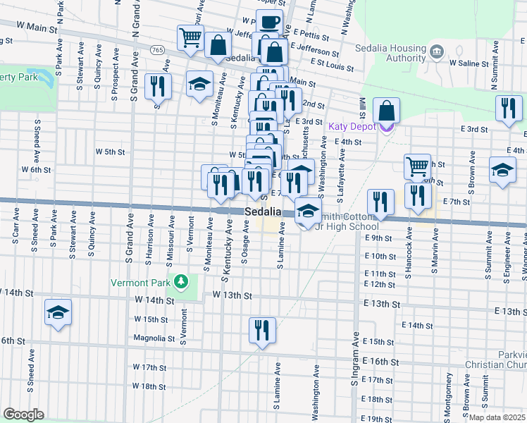 map of restaurants, bars, coffee shops, grocery stores, and more near in Sedalia